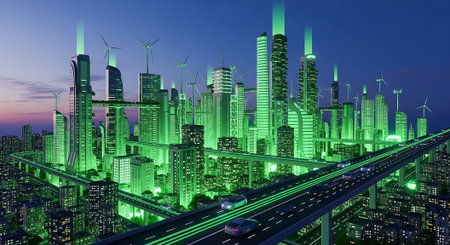 modern city with wind turbines at night. 3d render illustration.の素材