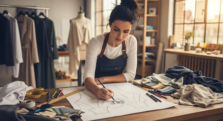 Beautiful young fashion designer drawing sketches on paper while working in her studioの素材