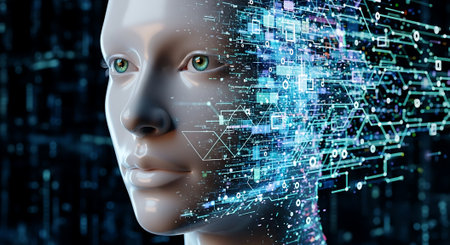 3d rendering of artificial intelligence robot head with binary code on screenの素材