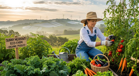 Farmer woman picking fresh vegetables in the vegetable garden at sunset.の素材