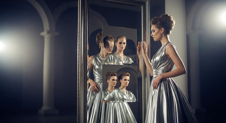 Fashion shot of beautiful young woman in evening dress with mirror.の素材