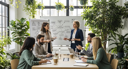 Smiling businesswoman giving presentation to colleagues during meeting in office. Group of diverse business people working together. Teamwork conceptの素材