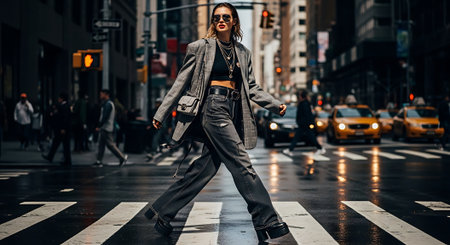 Beautiful young woman crossing the street in New York City, wearing sunglassesの素材