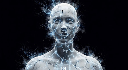 3d rendering of a human head with a lightning bolt on itの素材