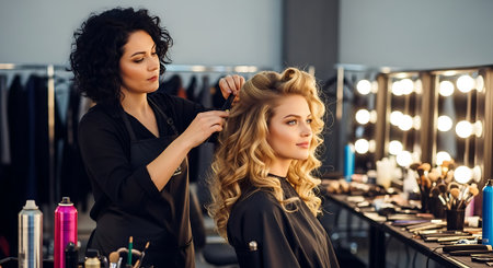 Professional hairdresser doing hairstyle to beautiful woman in beauty salonの素材