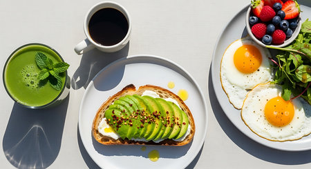Healthy breakfast with toast, avocado, eggs, berries and coffeeの素材