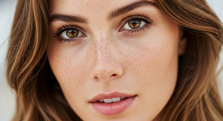 Close up portrait of beautiful young woman with freckles on faceの素材