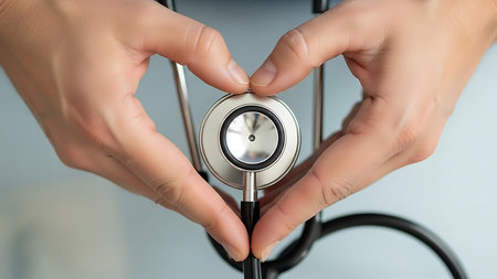 Stethoscope in the hands of a doctor, close-upの素材