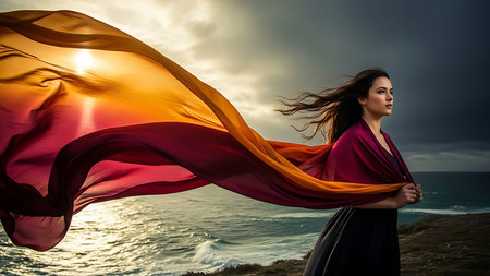 Beautiful young woman with flying red fabric in the wind on the seashoreの素材