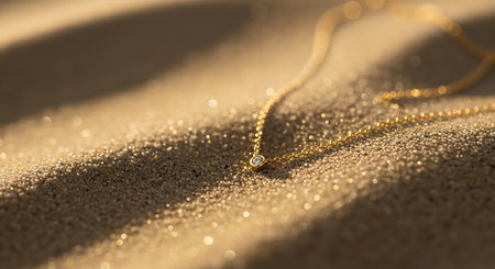 Gold chain necklace on sand, closeup. Luxury jewelry backgroundの素材