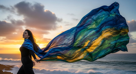 Beautiful young woman with a scarf on the beach at sunset.の素材