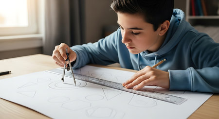Teenage boy drawing with compass and ruler at table in home officeの素材