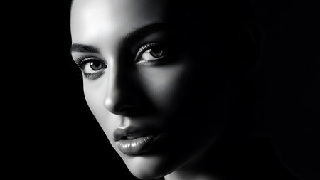 Black and white portrait of a beautiful young woman with silver make-upの素材