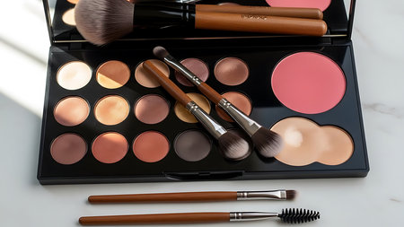 Professional makeup brushes and eye shadows on white marble table, closeupの素材