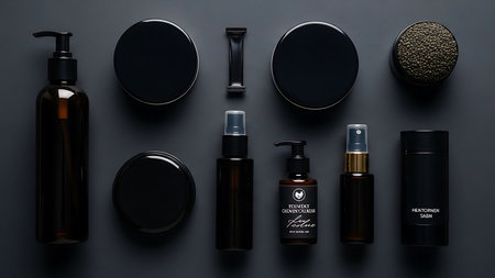 Set of black cosmetic products on black background. Flat lay, top view.の素材