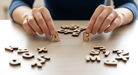 Close-up image of female hands placing wooden alphabets on tableの素材