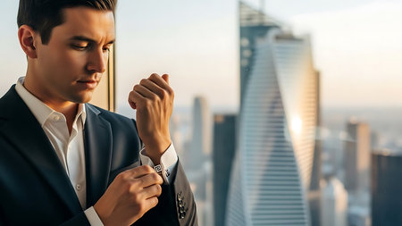 Handsome young businessman adjusting his watch while standing in the office.の素材