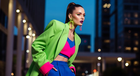 attractive woman in green coat and bright makeup on city street at nightの素材