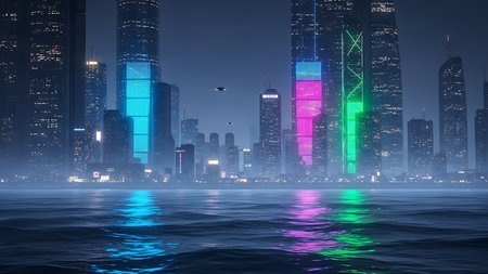 3d illustration of skyscrapers in the city at night.の素材