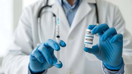 Doctor holding a syringe with COVID-19 vaccine and a vialの素材