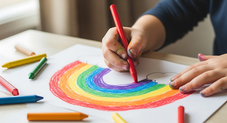 Close-up image of a child's hand drawing rainbow on paperの素材