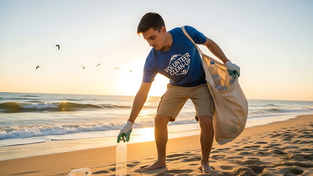 Young man collecting plastic bottles and bags on the beach at sunset.の素材