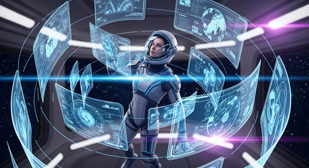 Astronaut against futuristic background using hologram interface 3D renderingの素材