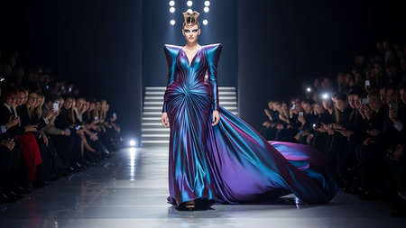 Fashion model wearing clothes designed by Robert Sever on the Zagreb Fashion Week show in Zagreb, Croatia.の素材