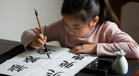 Asian Chinese little girl learning Chinese calligraphy at home. Chinese characters mean Happy Chinese New Year.の素材