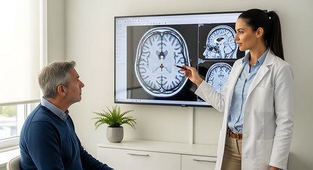 Doctor showing brain x-ray to patient in clinic. Medicine and healthcare conceptの素材