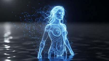3d rendering of a holographic female figure with particles on a dark backgroundの素材