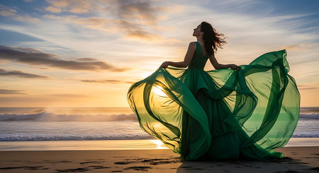 Beautiful young woman in a green dress on the beach at sunsetの素材