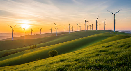 Wind turbines on green rolling hills at sunset in Tuscany, Italyの素材