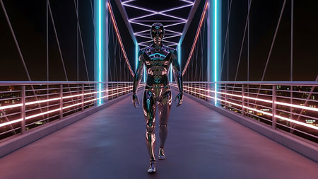 Cyborg woman in a futuristic city at night 3D illustration.の素材