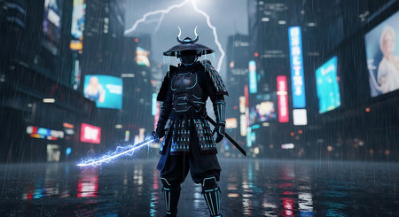 Cyborg with glowing sword in his hands. 3d rendering.の素材