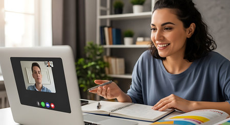 cheerful african american freelancer using video conference on laptopの素材