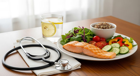 Healthy food and a stethoscope on a wooden table.の素材