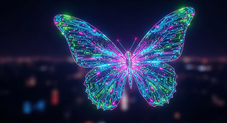 Futuristic butterfly with glowing lines on dark background 3D renderingの素材