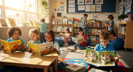 Elementary school children reading a book in a playroom at schoolの素材