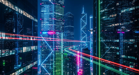 the light trails on the modern building background in shanghai china.の素材