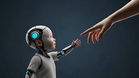 Cute robot and human hand on dark background. 3D rendering.の素材
