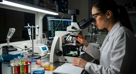 Female scientist looking through microscope in laboratory. Young female scientist working with microscope in laboratory.の素材
