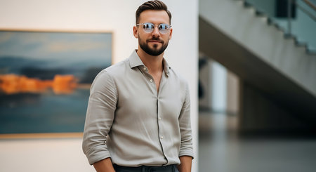 handsome man in eyeglasses looking at camera in modern galleryの素材