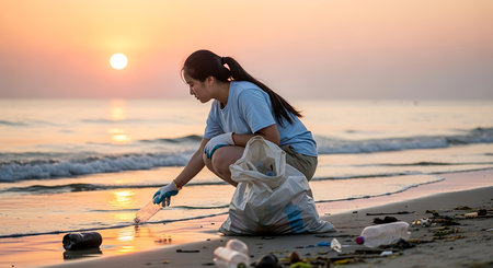 Volunteer woman collecting garbage on the beach at sunset. Concept of environmental pollution.の素材