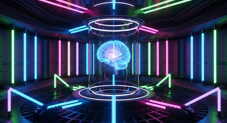3D rendering of futuristic spaceship interior with neon lights and human brainの素材