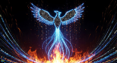 Abstract digital background with wings and binary code. 3d illustration.の素材