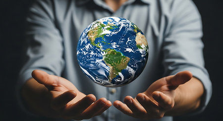 Close up of businessman hands holding Earth globe. Elements of this image furnished by NASAの素材