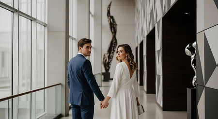 wedding couple holding hands and looking at each other in hallの素材