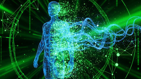 Digital composite of 3D human body with connection lines against green backgroundの素材