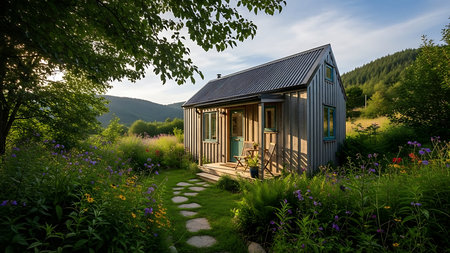 Wooden cottage in the mountains on a summer day. Landscape.の素材
